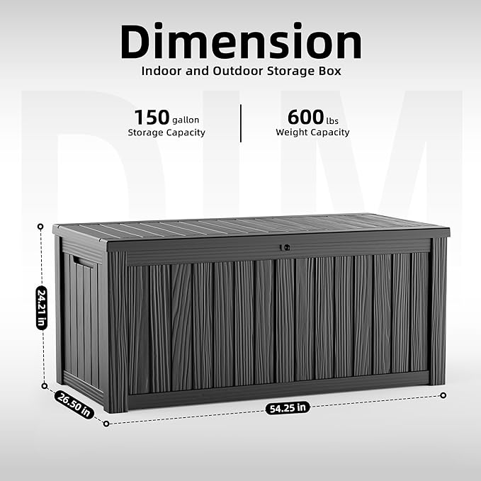 ROJIK 150 Gallon Waterproof Outdoor Deck Storage Box, Lockable Resin Patio Storage Bin with Lid for Garden Tools, Patio Cushions & Outdoor Accessories(Black)