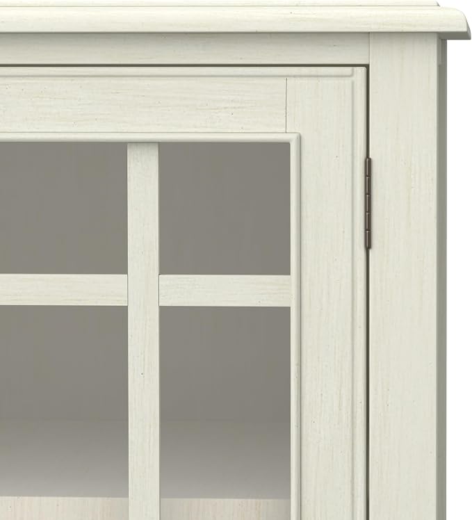 SIMPLIHOME Connaught 46" Wide Solid Wood Low Cabinet in Antique White | Traditional low console cabinet with glass doors and storage shelves for the living room, entryway or dining room.