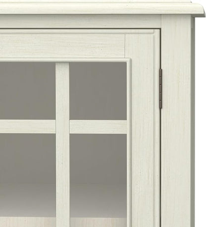 SIMPLIHOME Connaught 46" Wide Solid Wood Low Cabinet in Antique White | Traditional low console cabinet with glass doors and storage shelves for the living room, entryway or dining room.
