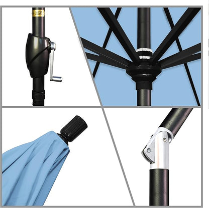 California Umbrella GSPT908302-5410 9' Round Aluminum Market, Crank Lift, Push Button Tilt, Black Pole, Sunbrella Air Blue