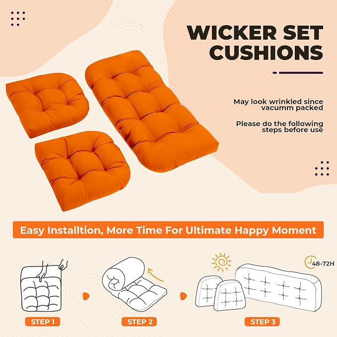 DANGHOOGY Wicker Chair Cushions, Waterproof Outdoor Loveseat Cushions for Patio Furniture, 3 Pieces Wicker Furniture Cushions, 1 Loveseat and 2 U-Shaped Cushions, Orange