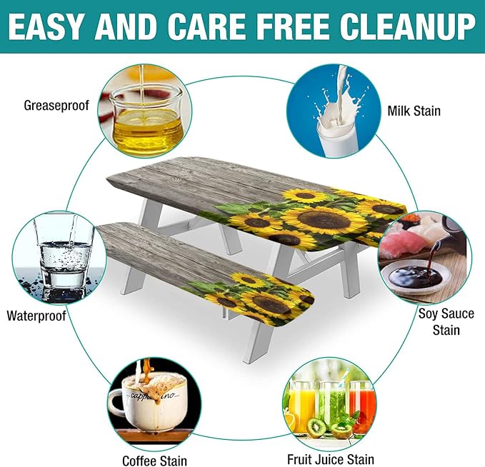Yellow Sunflower Picnic Table Cover with Bench Covers, Vintage Wood Grain with Sunflower Print Elastic Polyester Backing Oblong Fitted Table Cloths, 72x28 In, for Outdoor/BBQ/Camping Use, 3 Pcs Set