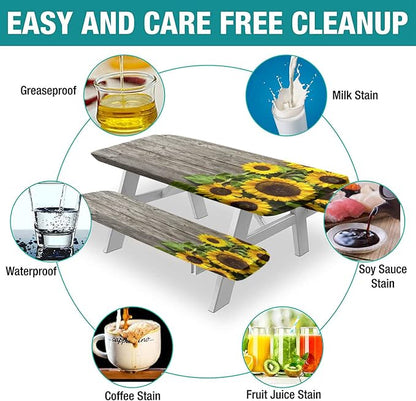 Yellow Sunflower Picnic Table Cover with Bench Covers, Vintage Wood Grain with Sunflower Print Elastic Polyester Backing Oblong Fitted Table Cloths, 72x28 In, for Outdoor/BBQ/Camping Use, 3 Pcs Set