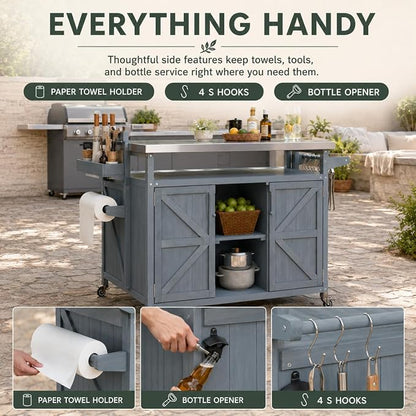 Outdoor Kitchen Island, 50.25" Rolling Grill Table with Storage Cabinet, 201 Stainless Steel Top Outdoor Bar Cart, Solid Fir Wood BBQ Prep Station with Adjustable Shelves, Spice Rack (Grey Blue)