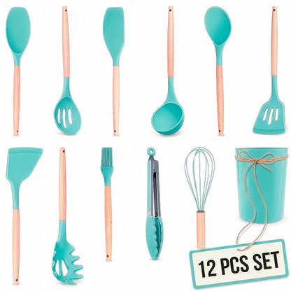Teal Kitchen Utensils Set with Holder, 12 Pcs, Wooden Handle | BBQ Cooking Utensils that Bake, Serve, Mix & Flip; Silicone Heads Stay Non-Scratch on Nonstick Pots & Pans; Housewarming Gift