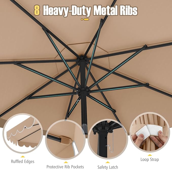 Tangkula 10 FT Patio Umbrella, 2-Tiers Scalloped Outdoor Table Market Umbrella with Tilt Adjustment, Crank, 8 Sturdy Ribs for Pool, Deck, Backyard (Beige)