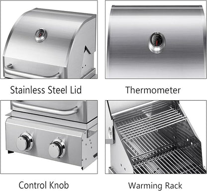 2-Burner Built in Grill, Stainless Steel Propane Grill with Drawer-Style Oil Drip Tray, 20,000 BTU for Patio Backyard Parties Barbecue