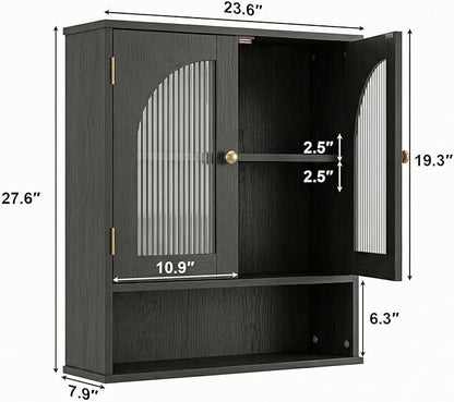 Bathroom Wall Cabinet, Over Toilet Storage Cabinet, Wall Mounted Medicine Cabinet with Arched Glass Doors & Adjustable Shelves, Bathroom Storage Cabinet with Open Storage Shelf, Black