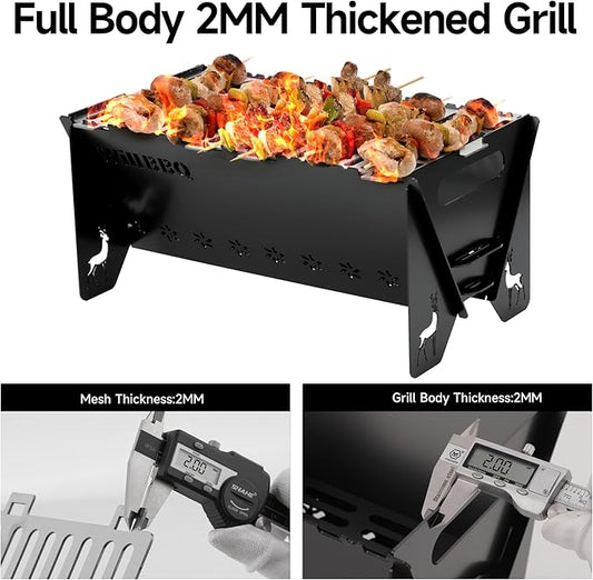 WILLBBQ Charcoal Grills Quality Portable Detachable Folding,Skewers Campfire Grill,Hibachi Backpacking BBQ Grill,Easy Portability For Outdoor Barbecues Camping Picnics Garden Party(15.8x8.5x7.5 inch)