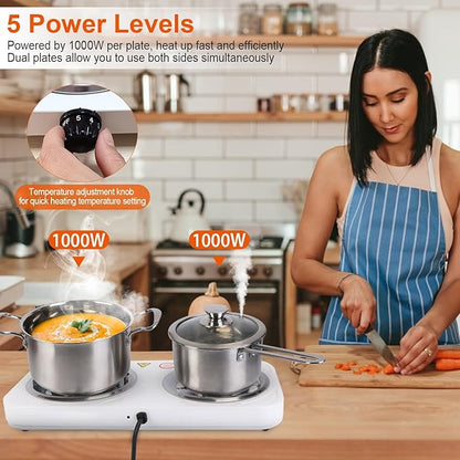 2000W Electric Double Burner Portable Coil Heating Hot Plate Stove Countertop RV Hotplate with Non Slip Rubber Feet 5 Temperature Adjustments