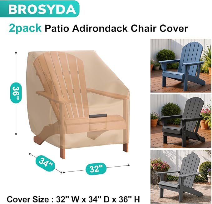 Adirondack Outdoor Chair Covers Waterproof 32"Wx34"Dx36"H, Brown | 2 Pack Patio Furniture Covers Protect from Rain and UV; Heavy-Duty Oxford Fits Lounge, Deep-Seat & High-Back Chairs on Lawn