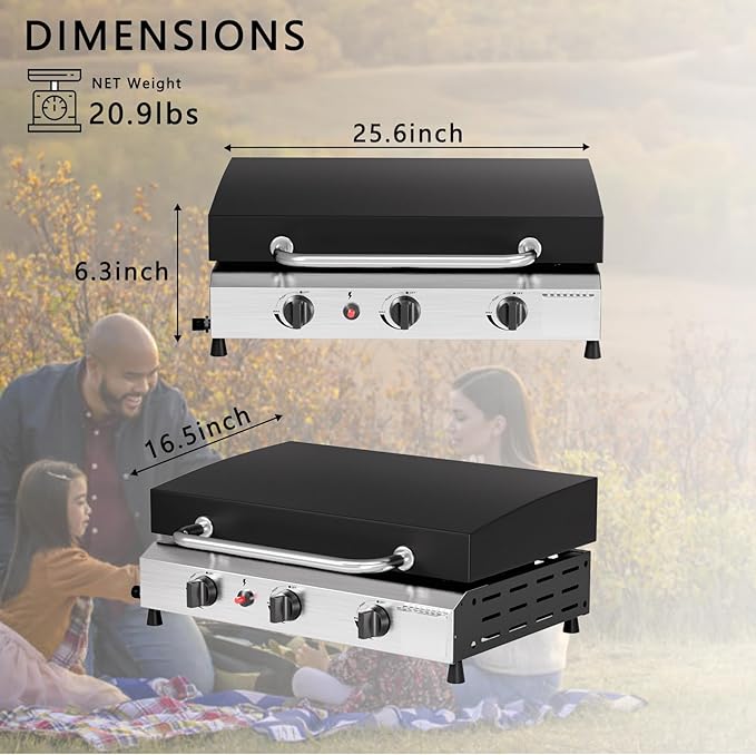 SKOK 3 Burner Gas Griddle with Hood- 23.3 Inch Outdoor Propane Griddle-45000 BTU Propane Fuelled, Portable Flat Top Gas Grill Camping Griddle with Lid