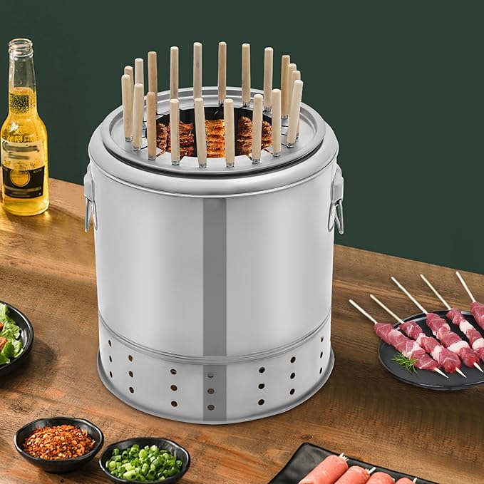 Portable Barbecue Charcoal Barrel Grill Stainless Steel Portable Compact BBQ Charcoal Grill Barrel Charcoal Grill for Camping Picnics Parties Beaches (Capacity: 20 Skewers)