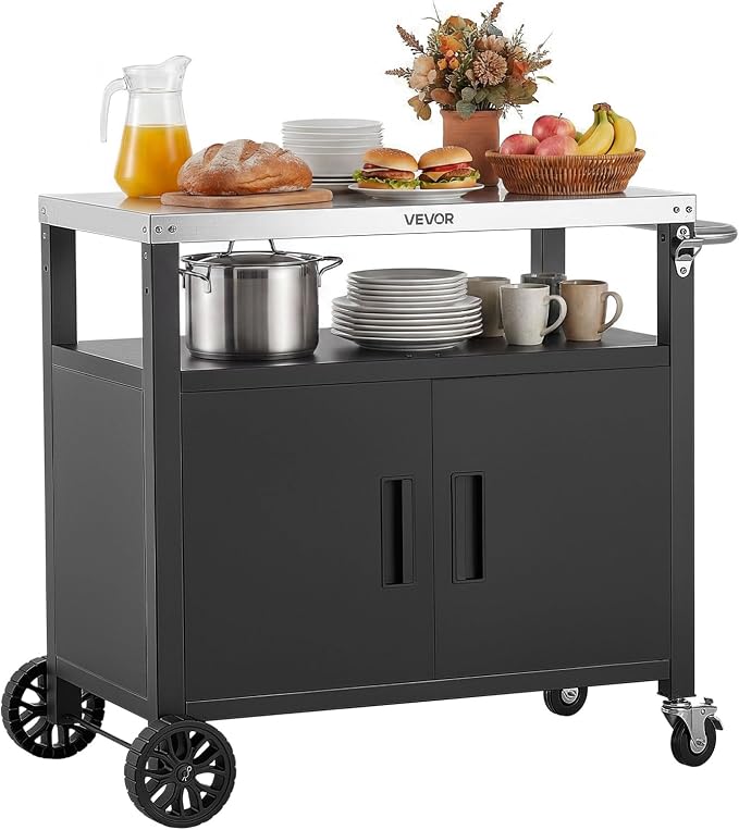VEVOR Outdoor Grill Cart with Storage Cabinet, 36.4 Inch Grill Table, Waterproof Kitchen Island with Stainless Steel Top, Shelf, and Wheels, Movable Food Prep Station for Patio Bar Backyard BBQ