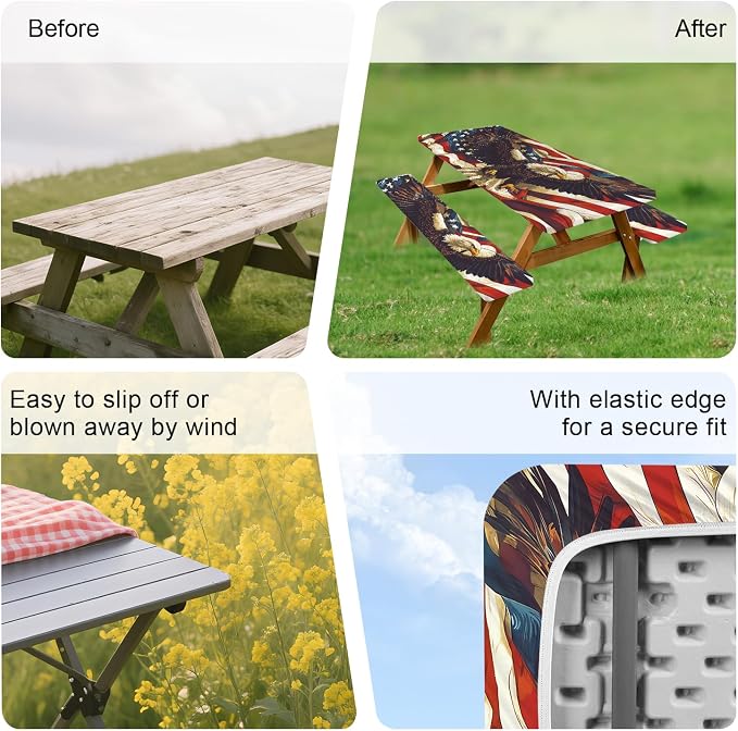 ANNA QUEEN Patriotic American Eagle 6FT Picnic Table Cover with Bench Covers Set of 3 with Drawstring Bag, USA Flag Eagle 72"x30" Waterproof Picnic Tablecloth & Bench Covers for Outdoor BBQ