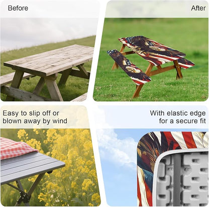 ANNA QUEEN Patriotic American Eagle 6FT Picnic Table Cover with Bench Covers Set of 3 with Drawstring Bag, USA Flag Eagle 72"x30" Waterproof Picnic Tablecloth & Bench Covers for Outdoor BBQ
