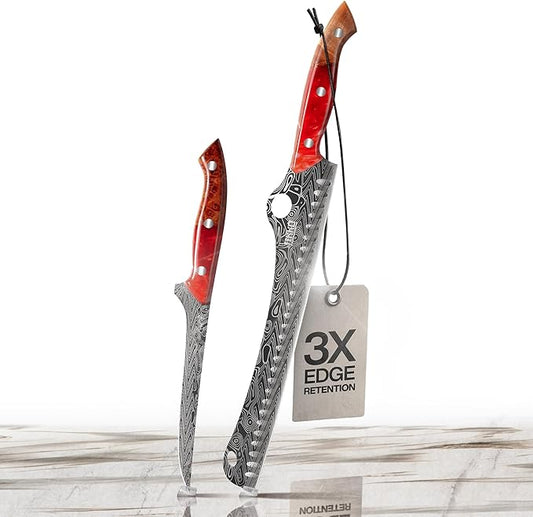 Jikko® SteelFang Edition – Japanese Brisket & Fillet Knife Set with Olive Wood & Red Epoxy Resin Handles | Premium Butcher & Carving Knives for Meat, BBQ & Fish – Ultra Sharp Stainless Steel Blades