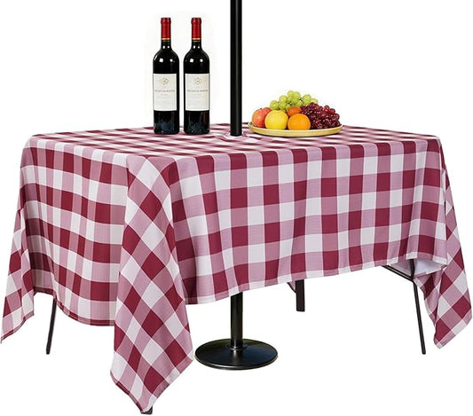 SquarePie Rectangle Outdoor Tablecloth with Umbrella Hole and Zipper Checked Waterproof Spillproof Table Linen Cloth for Spring Summer Picnic Patio Garden,60 X 84 Inch Burgundy Red Gingham