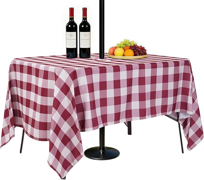 SquarePie 60x120'' Rectangle Outdoor Tablecloth with Umbrella Hole Water Resistant Zippered Table Cloth Cover for Spring Summer Garden Patio Picnic Garden,Burgundy Red Gingham