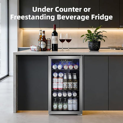 Antarctic Star Mini Fridge -130 Can Beverage Refrigerator for Soda Beer or Wine, Stainless steel door frame, for Office or Bar with Adjustable Removable Shelves, Silver, 3.1 Cu.Ft
