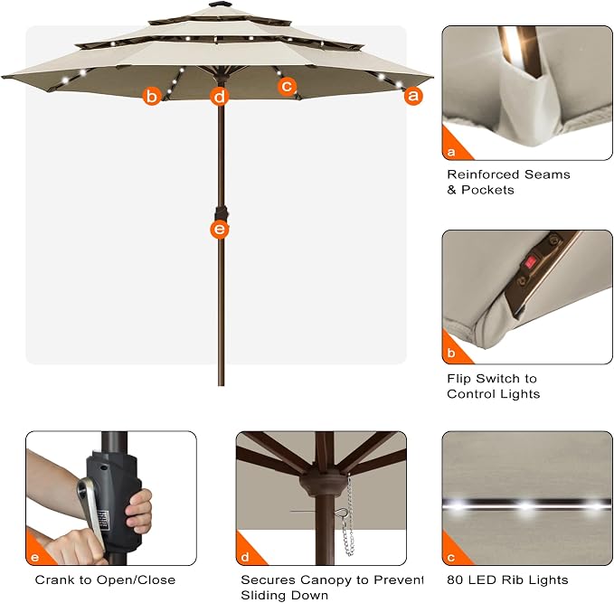 EliteShade USA 10-Year-Non-Fading 10ft 3-Tier Market Patio Umbrella, Commercial Table Umbrella with 80 Solar LED Lights, Crank Open, Windproof & UPF 50+ UV Protection for Garden, Deck, Pool, Backyard, No Tilt, Antique Beige