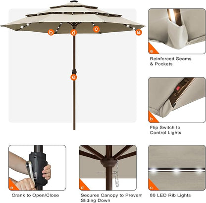 EliteShade USA 10-Year-Non-Fading 10ft 3-Tier Market Patio Umbrella, Commercial Table Umbrella with 80 Solar LED Lights, Crank Open, Windproof & UPF 50+ UV Protection for Garden, Deck, Pool, Backyard, No Tilt, Antique Beige