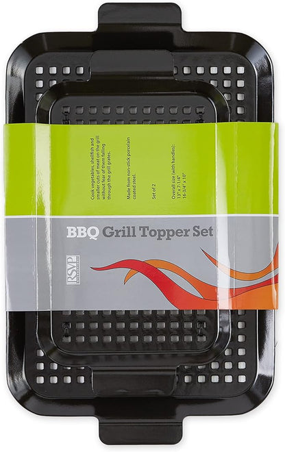 RSVP International Porcelain Coated Steel BBQ Grill Tray/Pan, Outdoor Barbeque Grilling Accessories for Cooking Fish & Vegetables, Dishwasher Safe, Small, 13x7.25/Medium, 16.75x10"