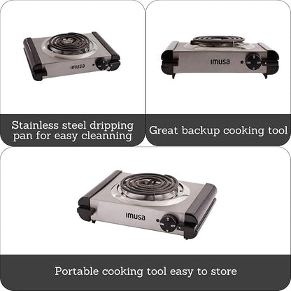 IMUSA USA GAU-80311 Electric Single Burner 1000-Watts, Stainless Steel, Silver (Pack of 3)