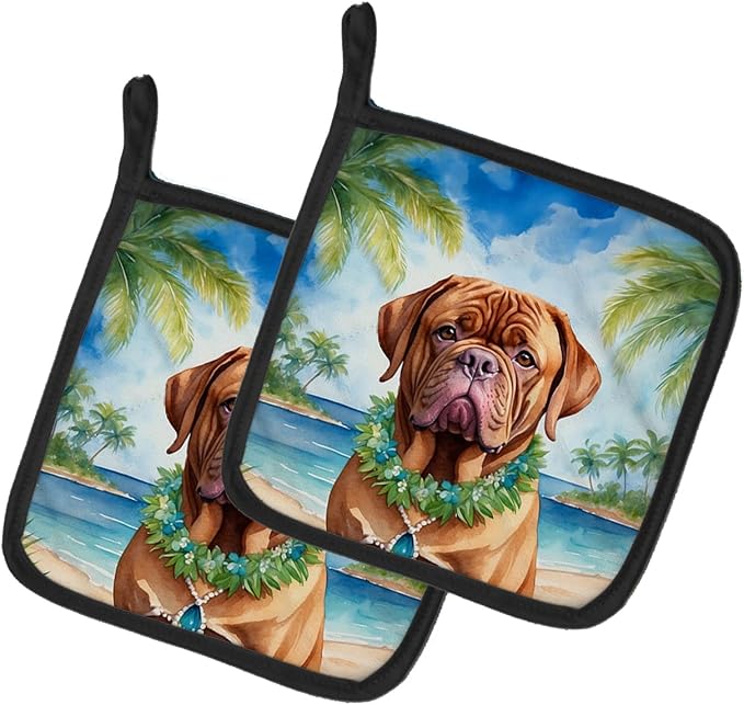 Caroline's Treasures Dogue de Bordeaux Luau Pair of Pot Holders Kitchen Heat Resistant Pot Holders Sets Oven Hot Pads for Cooking Baking BBQ, 7 1/2 x 7 1/2