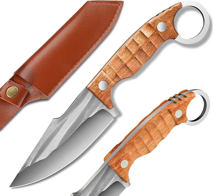 Plys Fixed Blade Hunting Knives Ergonomic Full Tang Camping Knife Rosewood Handle Multi-Tool Tactical Bushcraft Knife for Kitchen, Hiking, EDC Belt Carry, Lightweight Outdoor Survival Gear