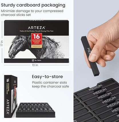 ARTEZA Compressed Charcoal Sticks Set of 16 – Medium and Hard Drawing Crayons for Sketching, Shading, Line Work in Charcoal Art and Figure Drawing