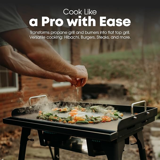 GasOne 25 x 16 In Pre-Seasoned Non Stick Griddle – Multipurpose Propane Griddle Grill for Steaks, Burgers – Oil Catcher Flat Top Grill with Reinforced Bars and Air Vents – Even Heat Distribution