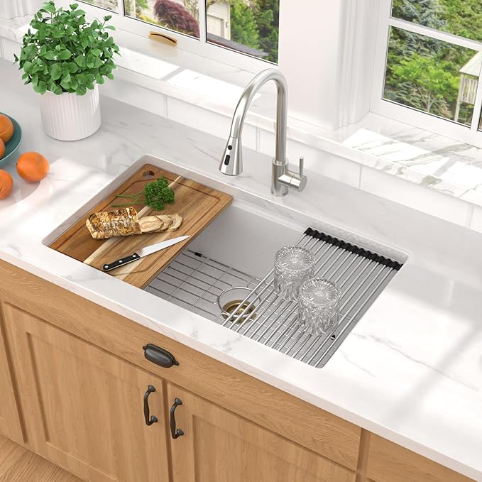 30 Inch Granite Composite Kitchen Sink - 30"x19" White Undermount Granite Kitchen Sink, Classic Quartz Single Bowl Workstation All-In One Sinks Basin for Modern Kitchens #TLGU-105