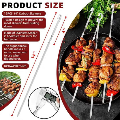 14" Metal Skewers for Grilling, Stainless Steel Flat Kabob Skewers | Reusable BBQ Skewers for Kebab Barbecue Grill, Heavy Duty Skewer Sticks for Outdoor Camping Kitchen Cooking gift package