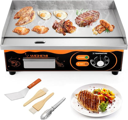 WICHEMI Electric Grill Commercial Griddle Flat Top Grill Teppanyaki Grill | 22" Stainless Steel Electric Griddle, 110V 3000W High Power, Large Cooking Surface, Non-Stick, Collect Grease For Cleanup