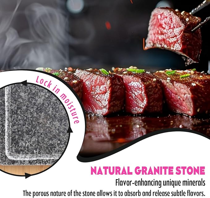 Artestia Steak Stone Grill Set with 2 Natural Steak Stones & 1 Bamboo Tray – Restaurant-Style Hot Stone Cooking Set for Sizzling Steak, BBQ, Hibachi, Indoor Tabletop Grilling