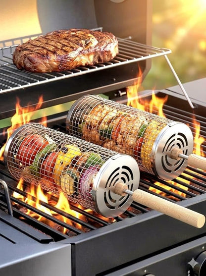 Rolling Grill Basket; 2 PCS; Stainless Steel; Nesting BBQ Tools; Grill Basket for Vegetables, Shrimp, Fish & Meat – Rotating BBQ for Outdoor Cooking and Grilling Accessories