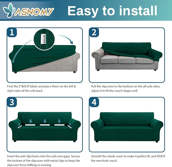 Stretch Couch Covers for Sofa Washable, 3 Cushion Couch,Blackish Green | 1-Piece Sofa Covers(78"-94") 3-Seater Furniture Protector Soft Jacquard,Non-Slip Elastic Bottom For Dogs & Kids