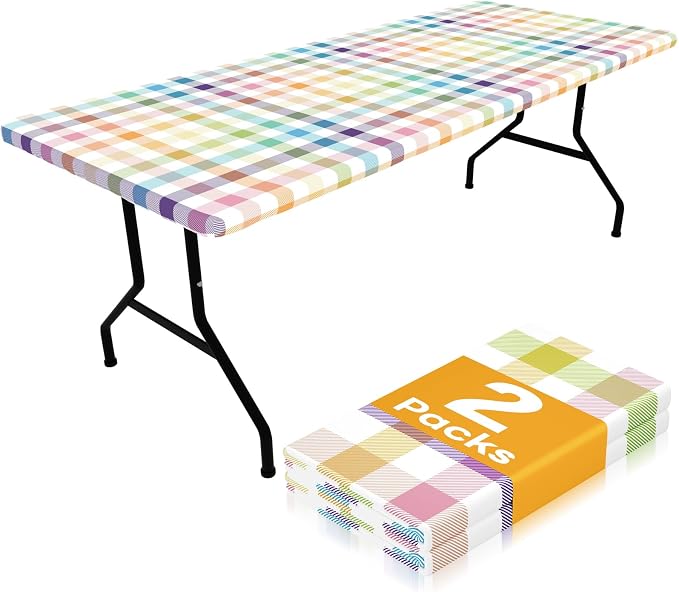 Smiry Picnic Table Cloth 2 Pack, Waterproof Elastic Fitted Tablecloths for 8FT Rectangle Tables, Washable Polyester Buffalo Plaid Tablecloth for Camping & Outdoor (Yellow & Green, 30" x 96")
