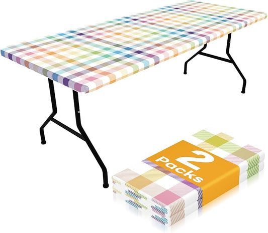 Smiry Picnic Table Cloth 2 Pack, Waterproof Elastic Fitted Tablecloths for 6FT Rectangle Tables, Washable Polyester Buffalo Plaid Tablecloth for Camping& Outdoor (Yellow & Green, 30" x 72")