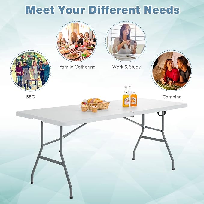 Goplus Folding Tables, 6ft Foldable Plastic Card Table, Portable Heavy Duty Fold Up Table w/Handle, White Outdoor Utility Folding Table for Picnic, Party, Dining, Camping, Beach, BBQ, No Assembly