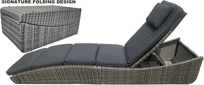 BTEXPERT Set of 2, Foldable Outdoor Chaise Pool Lounge Chairs Folding Wicker Rattan Sun Bed Patio Couch Reclining Lounger Adjustable Padded Backrest Pillow Assembled - Grey - Two