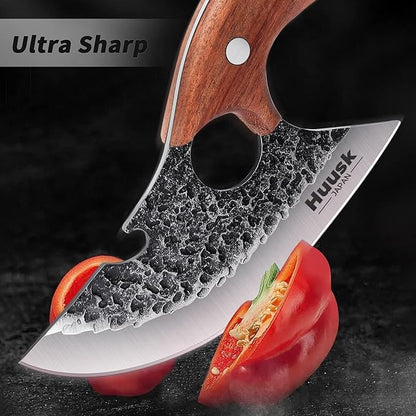 Huusk Knives, Viking Boning Knife for Meat Cutting, Small Ulu Knife, Hand Forged Full Tang Caveman Ultimo Knives for Kitchen or Camping Christmas Gift for Men and Women