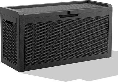 70 Gallon Outdoor Deck Box, Resin Waterproof Storage Box With Lockable Lid, UV-Resistant Multi-Purpose Outdoor Storage Bench for Patio Cushions, Garden Tools, Pool Accessories (70 Gallon, Black)