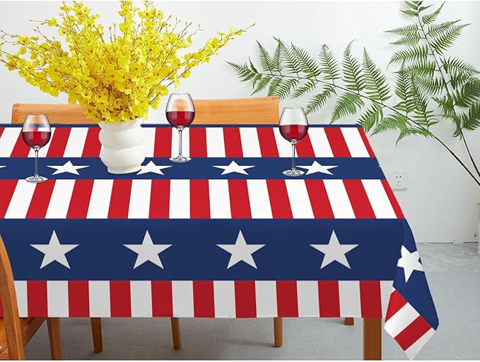 Decorative Rectangle Table Cloths Watercolor Stripes Stars 4th of July Patriotic Memorial Tablecloth Table Cover for Dining/BBQ/Picnic/Coffee Table 52 X 70 Inches