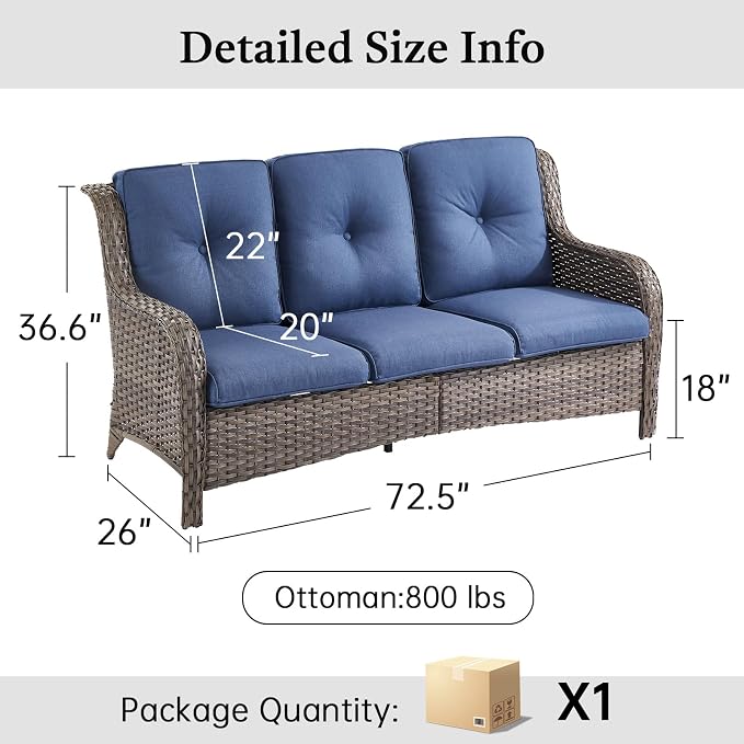 Outdoor Couch All Weather PE Wicker Patio Sofa Outdoor Sofa Deep Seating for Porch Deck Backyard-Grey/Blue