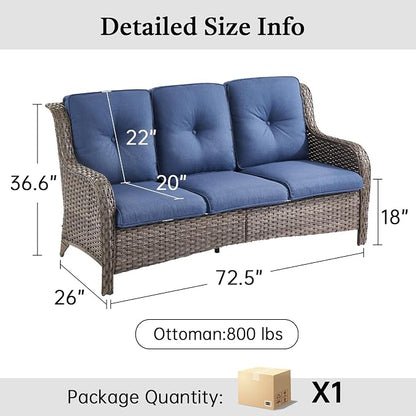 Outdoor Couch All Weather PE Wicker Patio Sofa Outdoor Sofa Deep Seating for Porch Deck Backyard-Grey/Blue