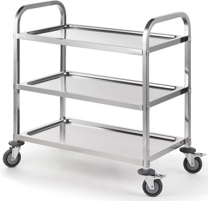 Stainless Steel Serving Trolley, 34" L x 18" W x 36" H 3 Tiered Shelf Kitchen Utility Cart, Rolling Casters Brake Wheel, Commercial Pro for Restaurant/Hotel/Lab/Clinic/Salon/Workshop