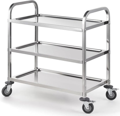 Stainless Steel Serving Trolley, 34" L x 18" W x 36" H 3 Tiered Shelf Kitchen Utility Cart, Rolling Casters Brake Wheel, Commercial Pro for Restaurant/Hotel/Lab/Clinic/Salon/Workshop