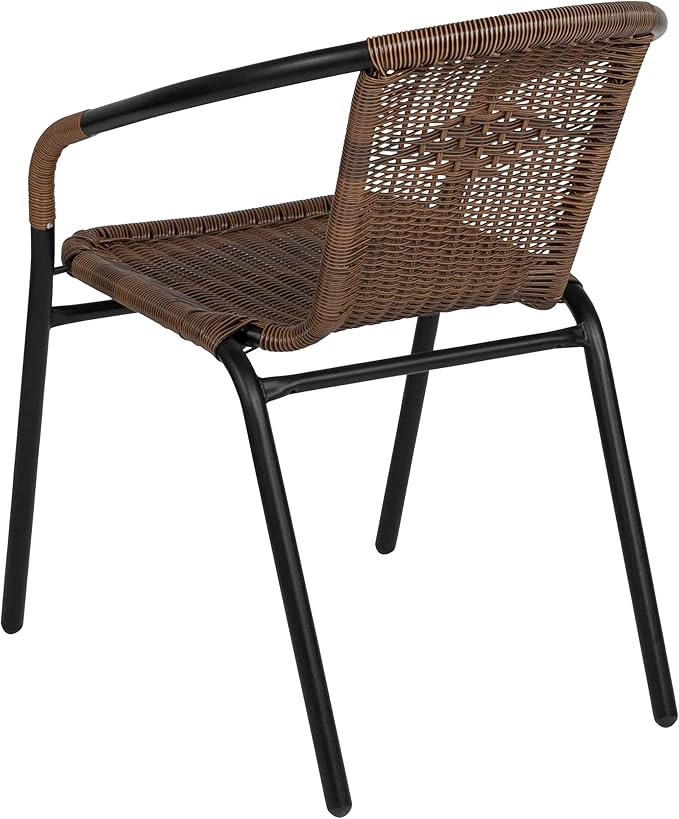 Flash Furniture Lila 28'' Square Glass Metal Table with Dark Brown Rattan Edging and 4 Dark Brown Rattan Stack Chairs